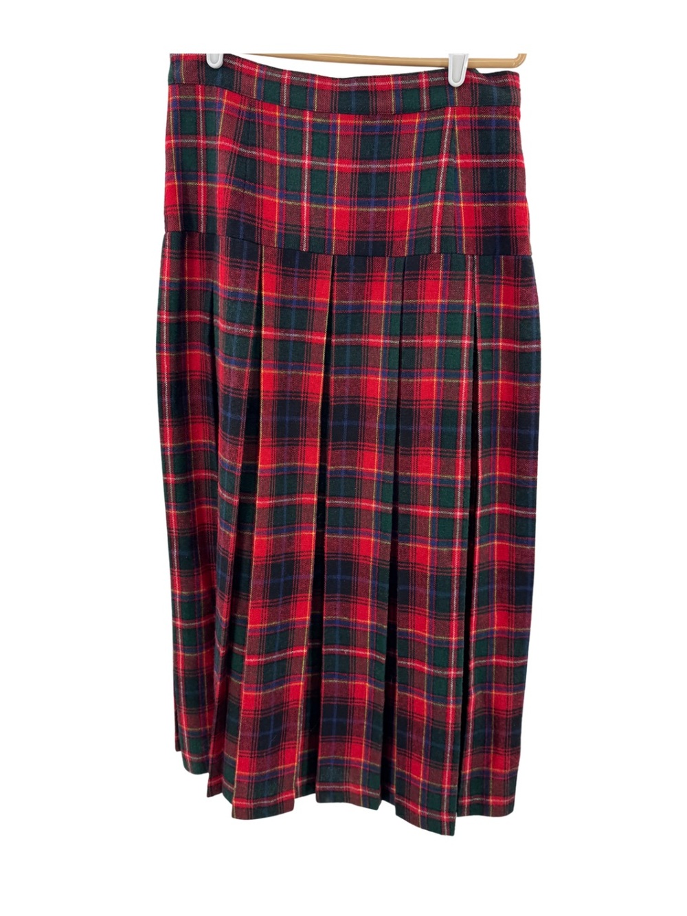 On The Verge vintage Classic Red Tartan Pleated Maxi Skirt wool blend 14 holiday